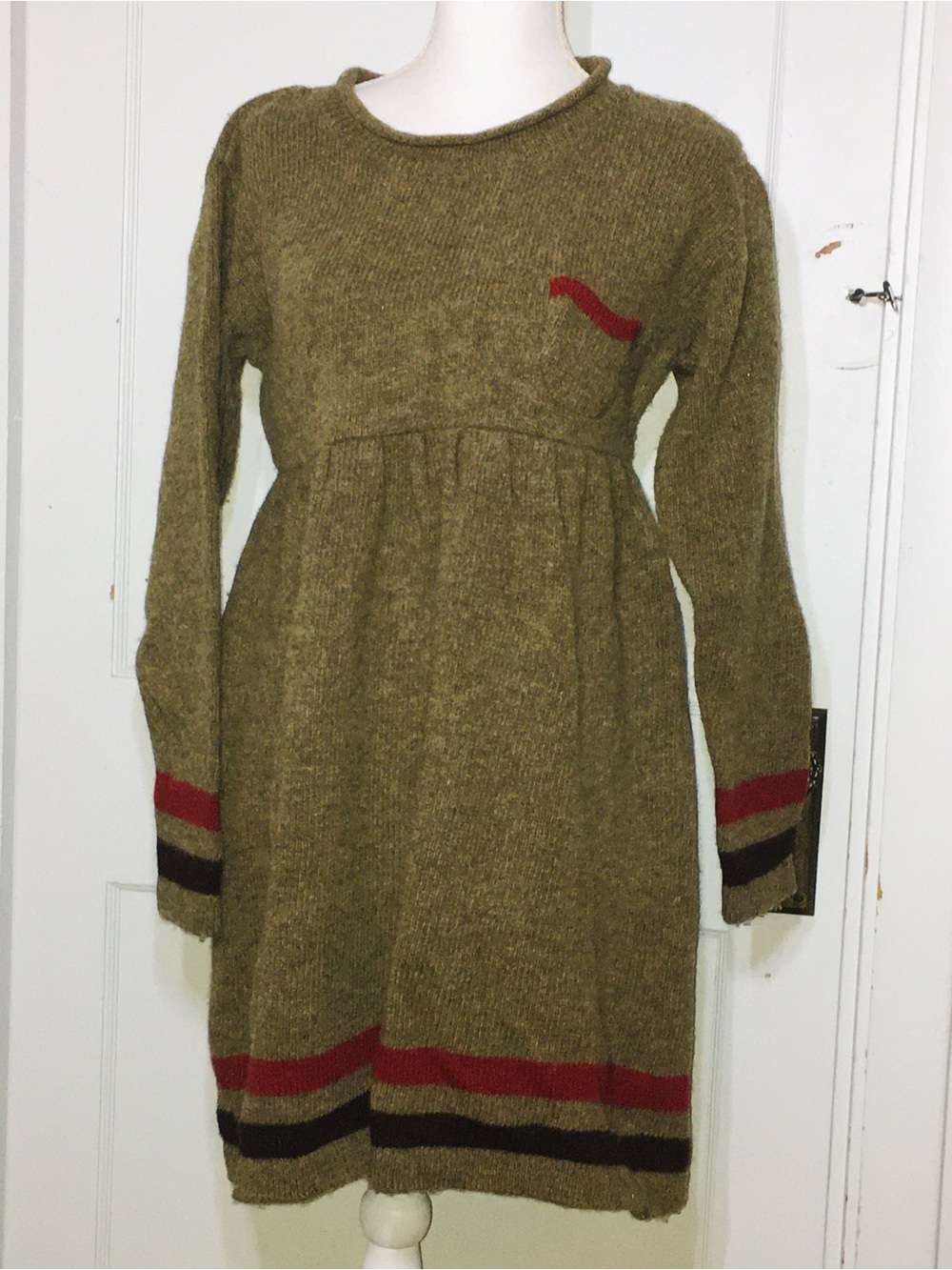 Olive Long-Sleeve Wool Knit Dress with Red & Brown Stripes